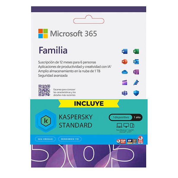 OFFICE MICROSOFT 365 FAMILIA 6 USUARIOS/ 5 DISPOSITIVOS | 12 MESES + KASPERSKY 1PC + IA COPILOT