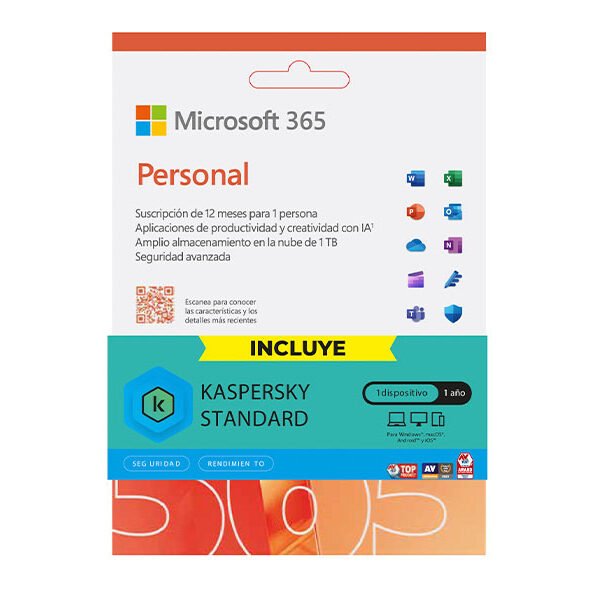 OFFICE MICROSOFT 365 PERSONAL  1 USUARIO / 5 DISPOSITIVOS / 1 AÑO + KASPERSKY 1PC + IA COPILOT