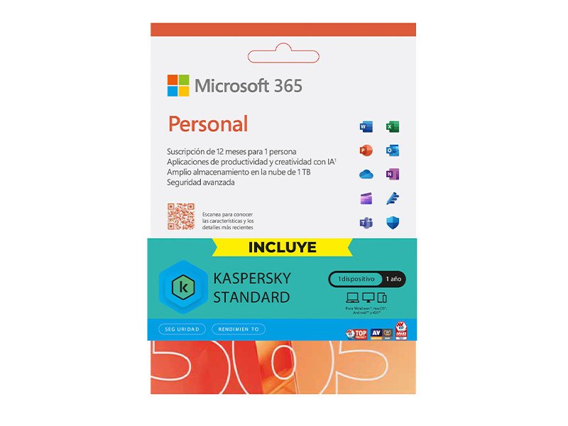 OFFICE MICROSOFT 365 PERSONAL 1 USUARIO / 5 DISPOSITIVOS / 1 AÑO + KASPERSKY 1PC + IA COPILOT