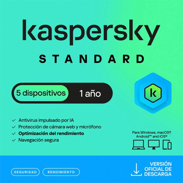 Antivirus Kaspersky Standard, para 5 PCs, Lic 1 año, Producto Virtual.