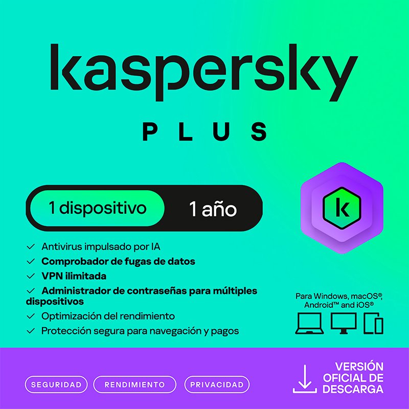 Antivirus Kaspersky Plus, para 1 PC, Lic 1 año, Producto Virtual.