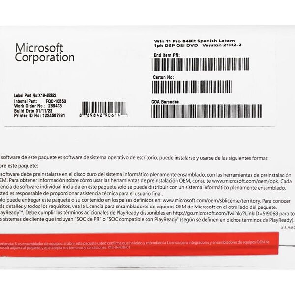 WINDOWS MICROSOFT 11  PRO 64BITS FQC-10553 ESPAÑOL PERPETUO