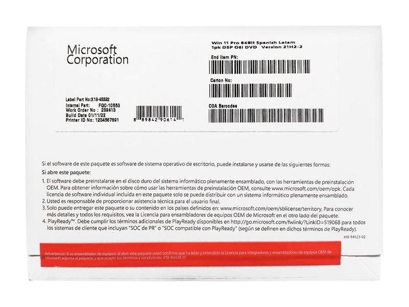 WINDOWS MICROSOFT 11 PRO 64BITS FQC-10553 ESPAÑOL PERPETUO