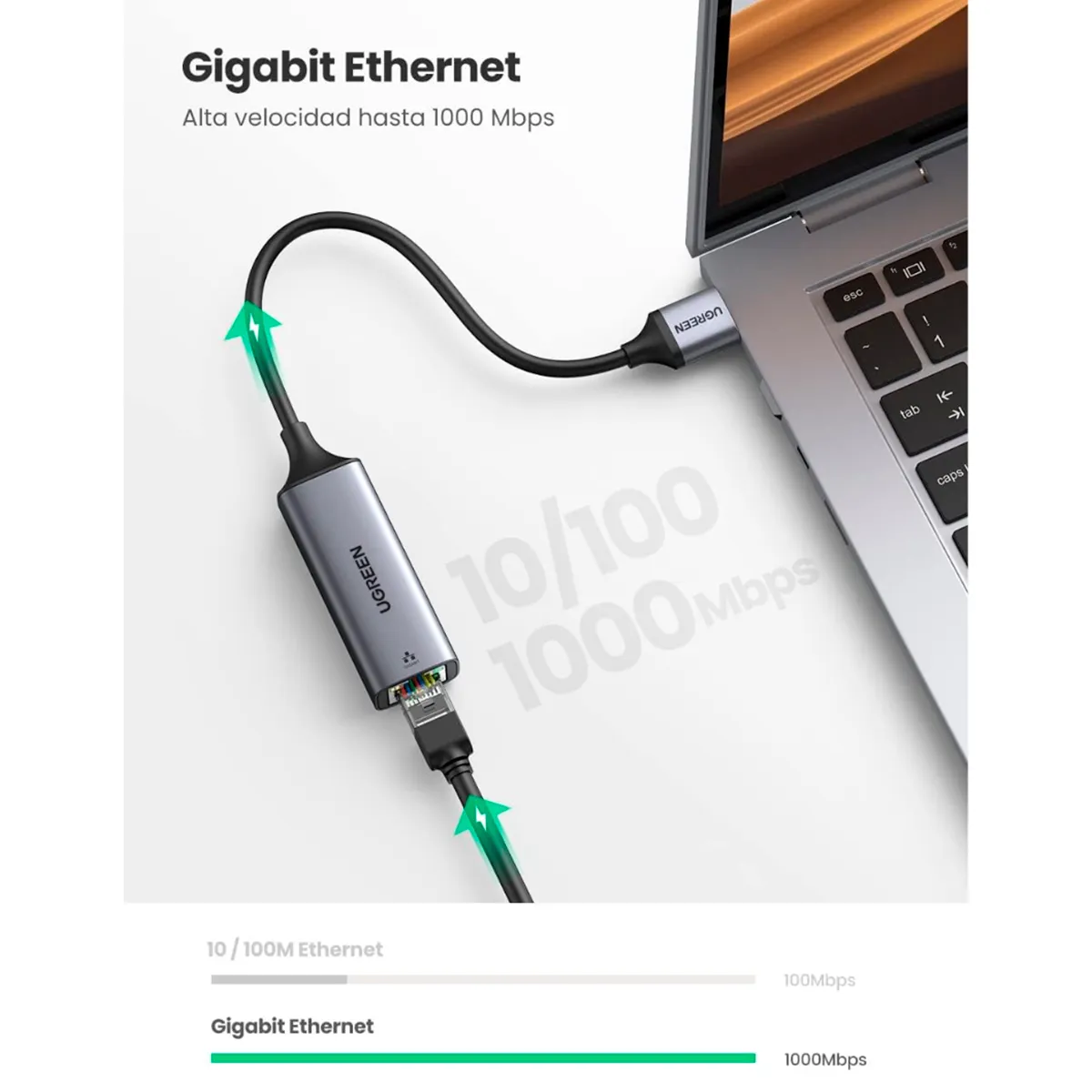 Adaptador USB-C a Ethernet UGREEN Gigabit 1000Mbps RJ45 para MacBook y Laptop CM199 - Imagen 3