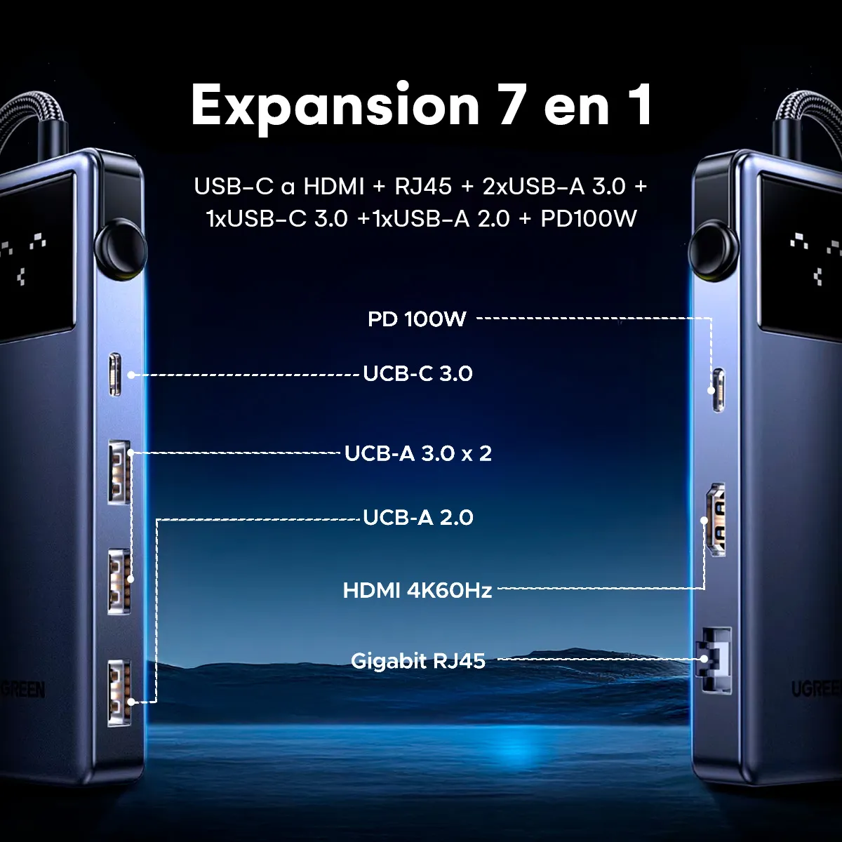 Hub adaptador Ugreen 7 En 1 Multi Puertos Ethernet HDMI 4K@60Hz USB-C USB-A Para Laptop MacBook - Imagen 2