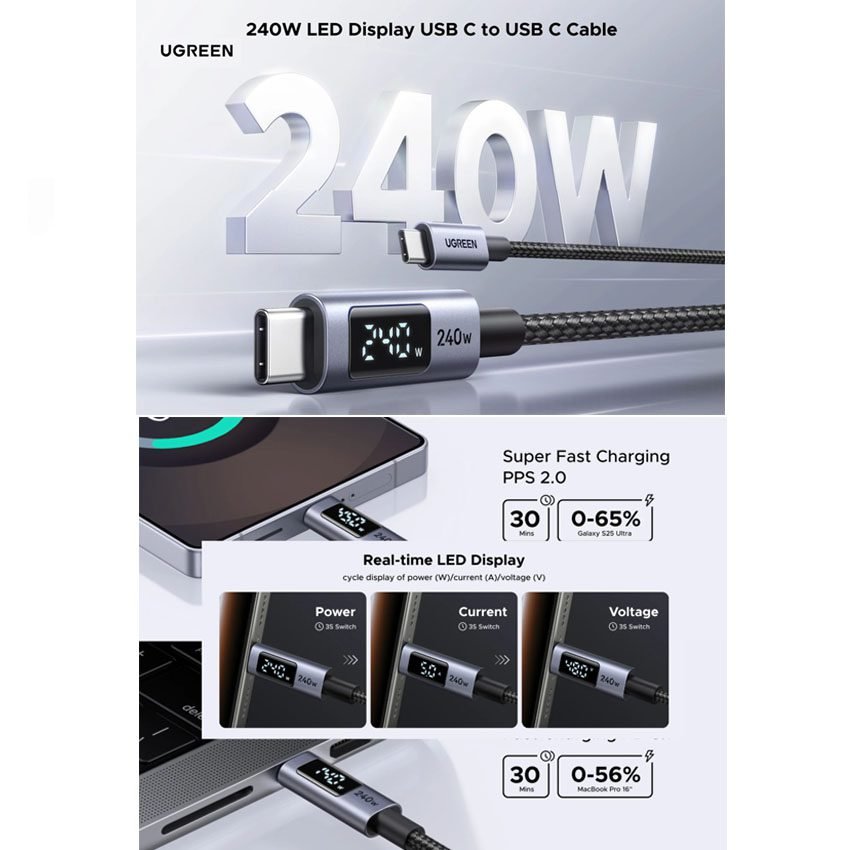 Cable USB-C a USB-C Ugreen 240W Carga Rápida PD 1M L530-65866 - Imagen 3