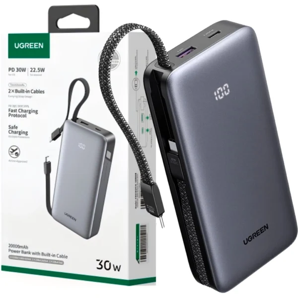 Power Bank Ugreen PB528 20000mAh 30W PD con 2 Cables USB-C Integrados Gris