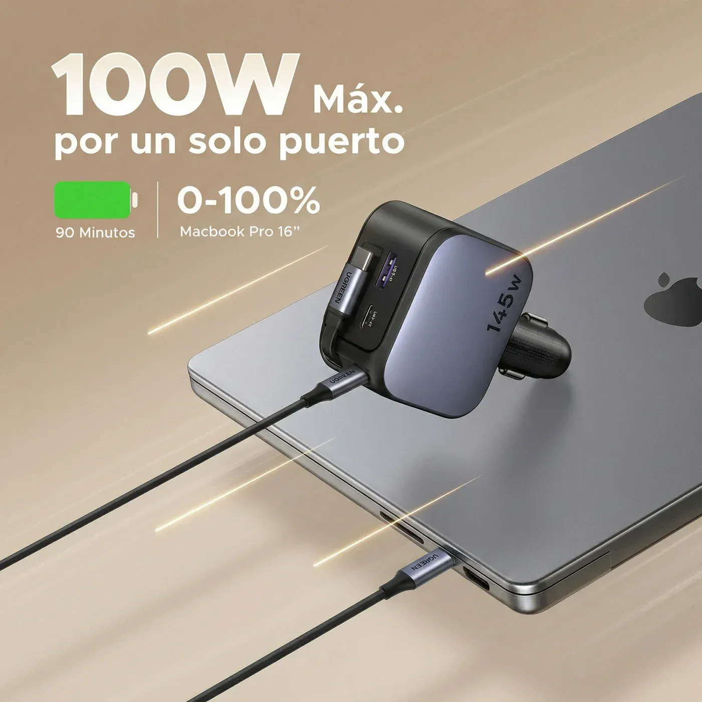 Cargador de Auto UGREEN 145W Retráctil USB-C Laptop Teléfono y Tablet - Imagen 2