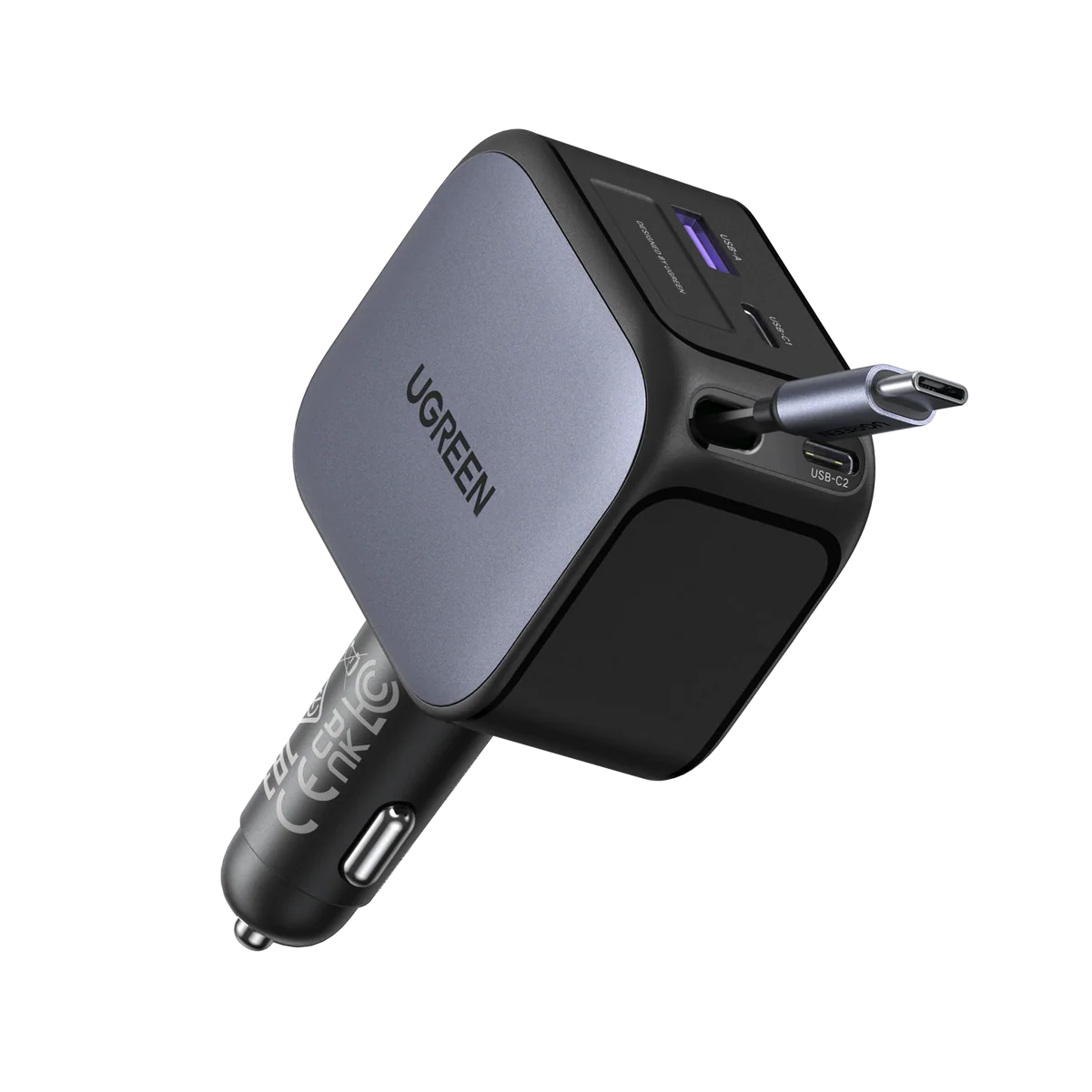 Cargador de Auto UGREEN 145W Retráctil USB-C Laptop Teléfono y Tablet