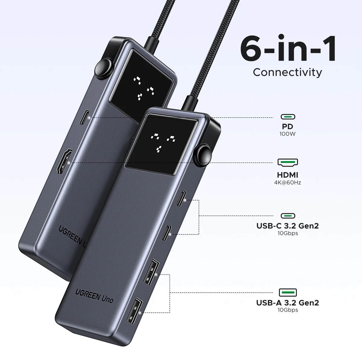 Adaptador 6 En 1 Multi Puertos 10Gbps HDMI 4K@60Hz USB-C USB-A Para Laptop MacBook iPad - Imagen 2