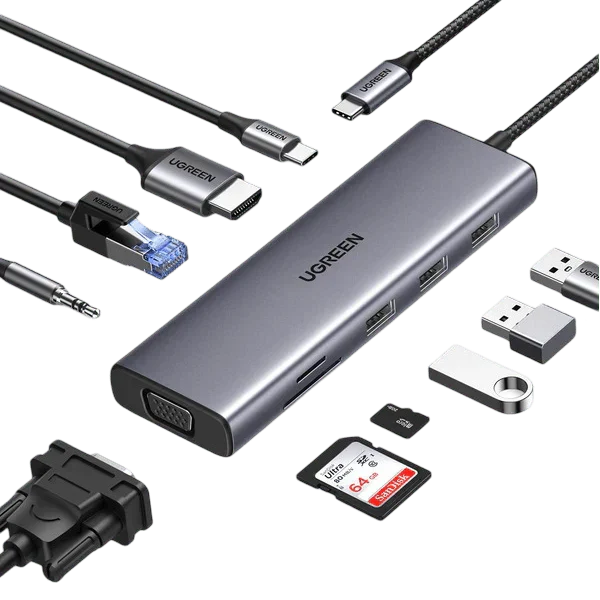 HUB 10 EN 1 4K HDMI VGA RJ45 GIGABIT 100W PD UGREEN CM498 – 15601