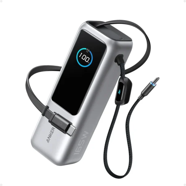 Anker Power Bank 25K, 165W, Built-In USB-C and Retractable Cable silver