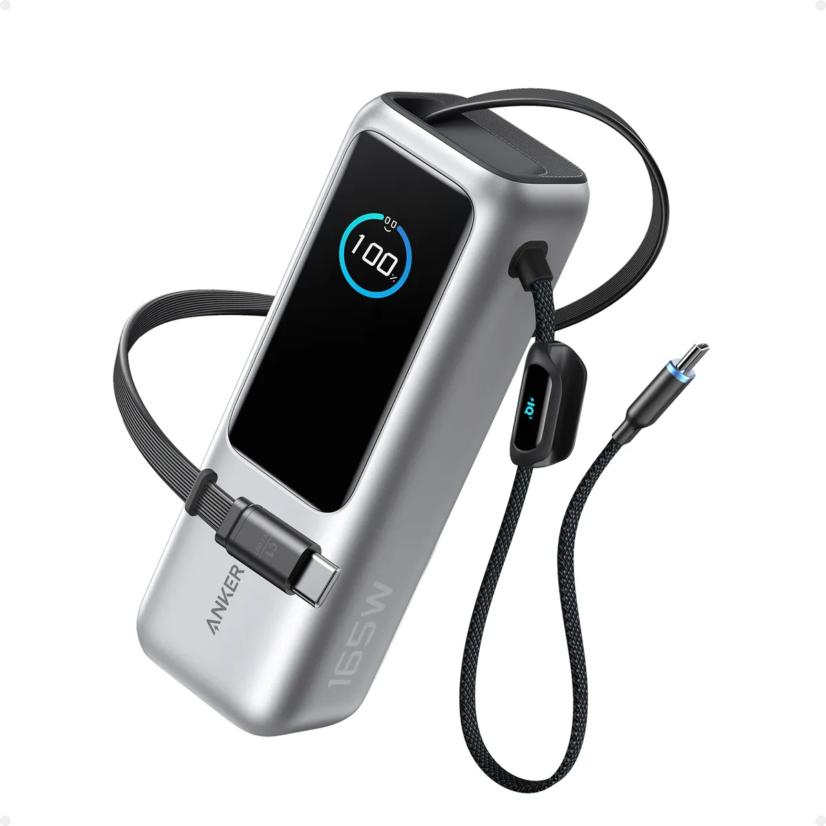 Anker Power Bank 25K, 165W, Built-In USB-C and Retractable Cable silver