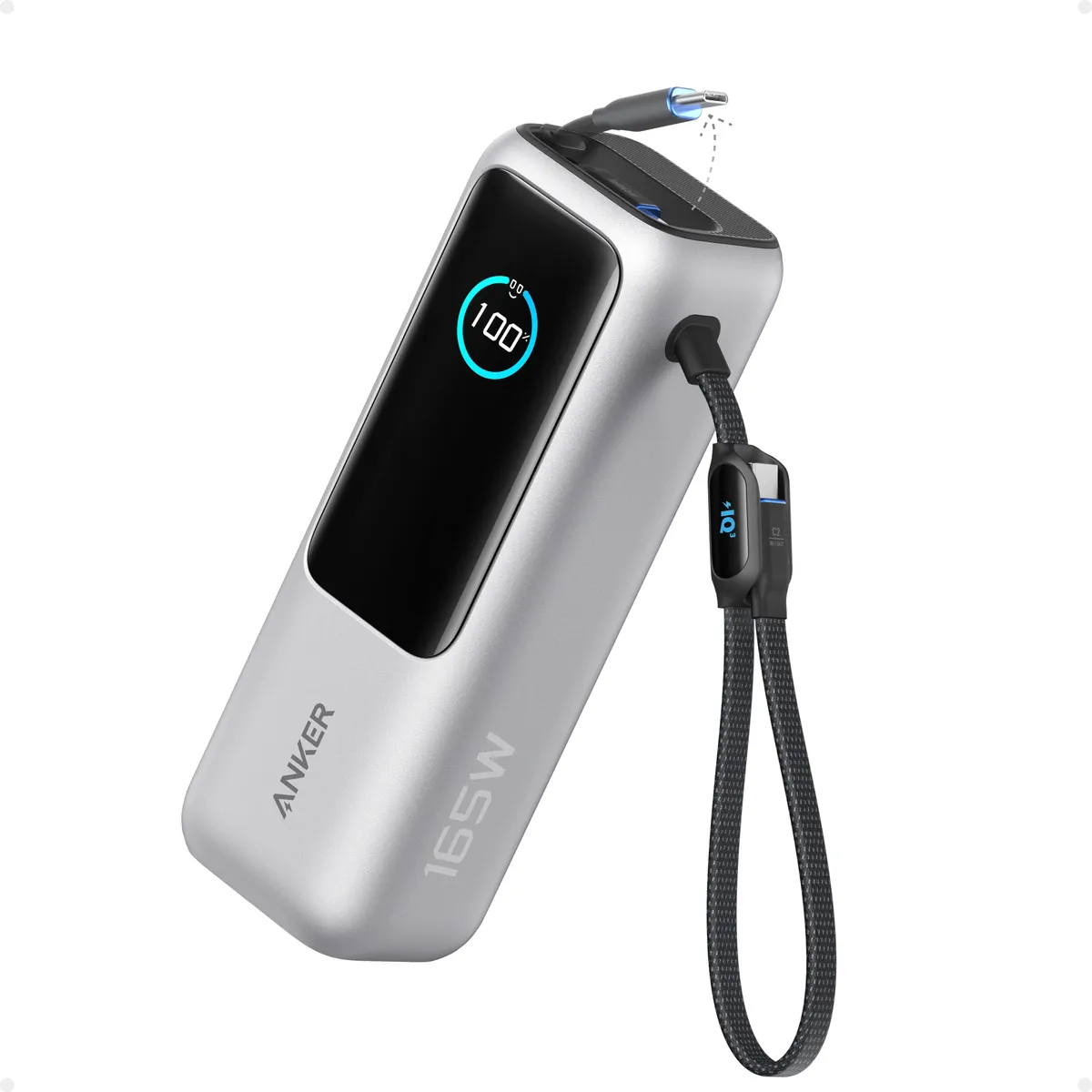 Anker Power Bank 25K, 165W, Built-In USB-C and Retractable Cable silver - Imagen 2