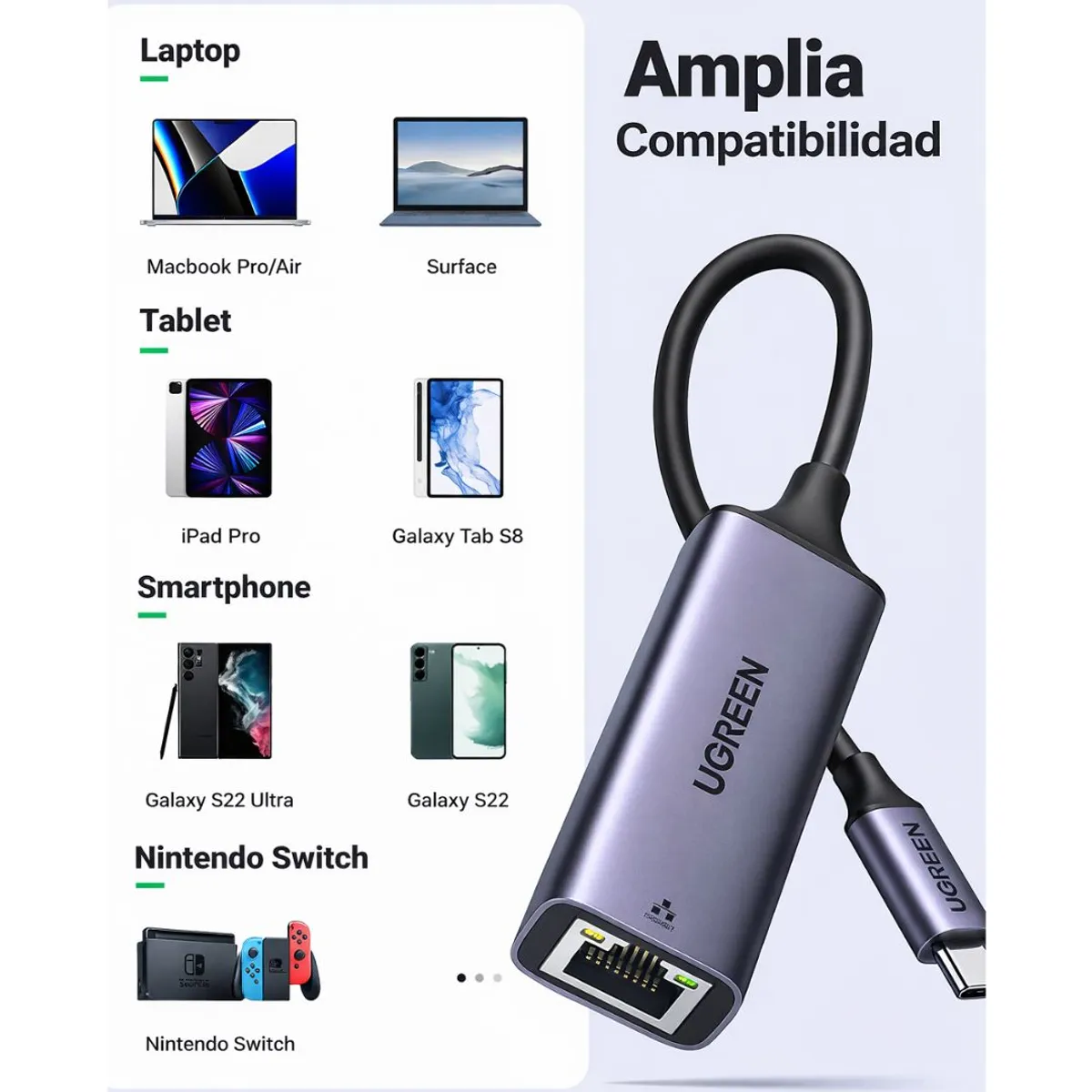 Adaptador USB-C a Ethernet UGREEN Gigabit 1000Mbps RJ45 para MacBook y Laptop CM199 - Imagen 2