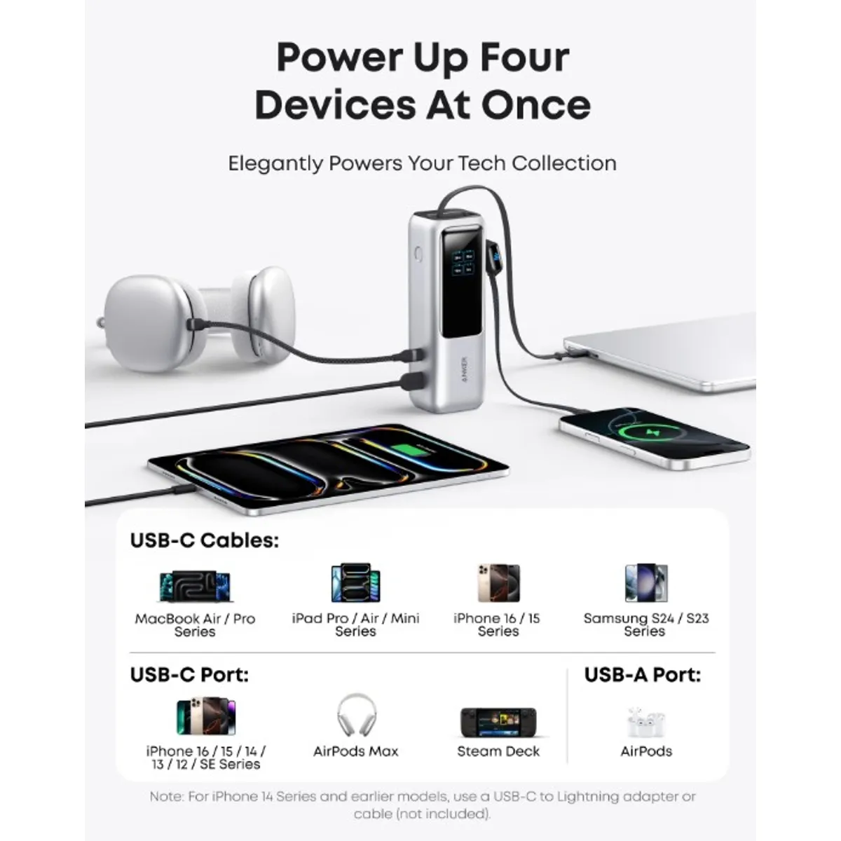 Anker Power Bank 25K, 165W, Built-In USB-C and Retractable Cable silver - Imagen 3